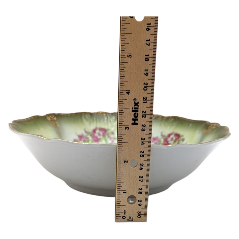 Vintage Serving Bowl Made In Germany Green Hand Painted Pink Roses Gold Gilded - Picture 3 of 12